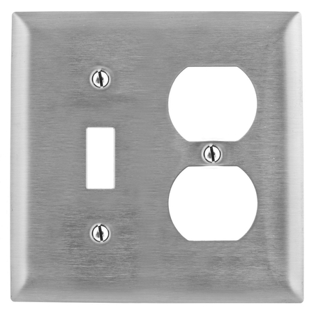 HUBBELL WIRING DEVICE-KELLEMS Wallplates and Boxes, Metallic Plates, 2- Gang, 1) Toggle, 1) Duplex, Jumbo, Stainless Steel SSJ18